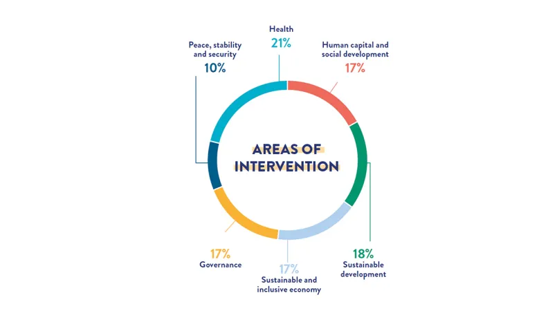 Graphical representation of our activity across our focus areas: 21% in health; 18% in Sustainable Development; 17% in sustainable and inclusive economy; 17% in human capital and social development; 17% in governance and 10% in peace, stability and security.