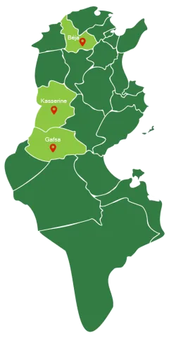 Carte de la Tunisie positionnant les trois zones d'intervention du projet : Béja au nord du pays, Kasserine et Gafsa à l'ouest