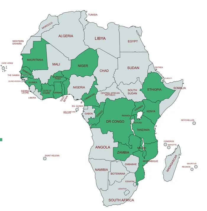 Carte des pays d'intervention du projet AEYA : Bénin, Cameroun, Côte d’Ivoire, Éthiopie, Ghana, Guinée, Kenya, Malawi, Mauritanie, Mozambique, Ouganda, République démocratique du Congo (RDC), République du Congo, Rwanda, Sénégal, Tanzanie, Togo, Zambie